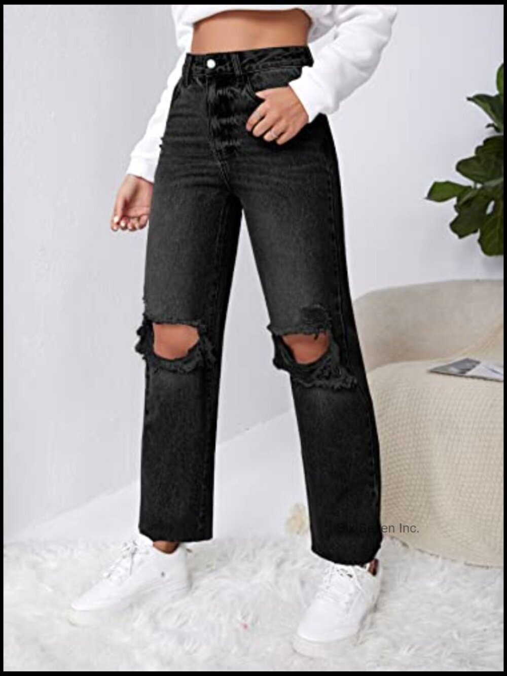 High Rise Ripped Distressed Cropped Straight Leg Jeans - Picture 4 of 6